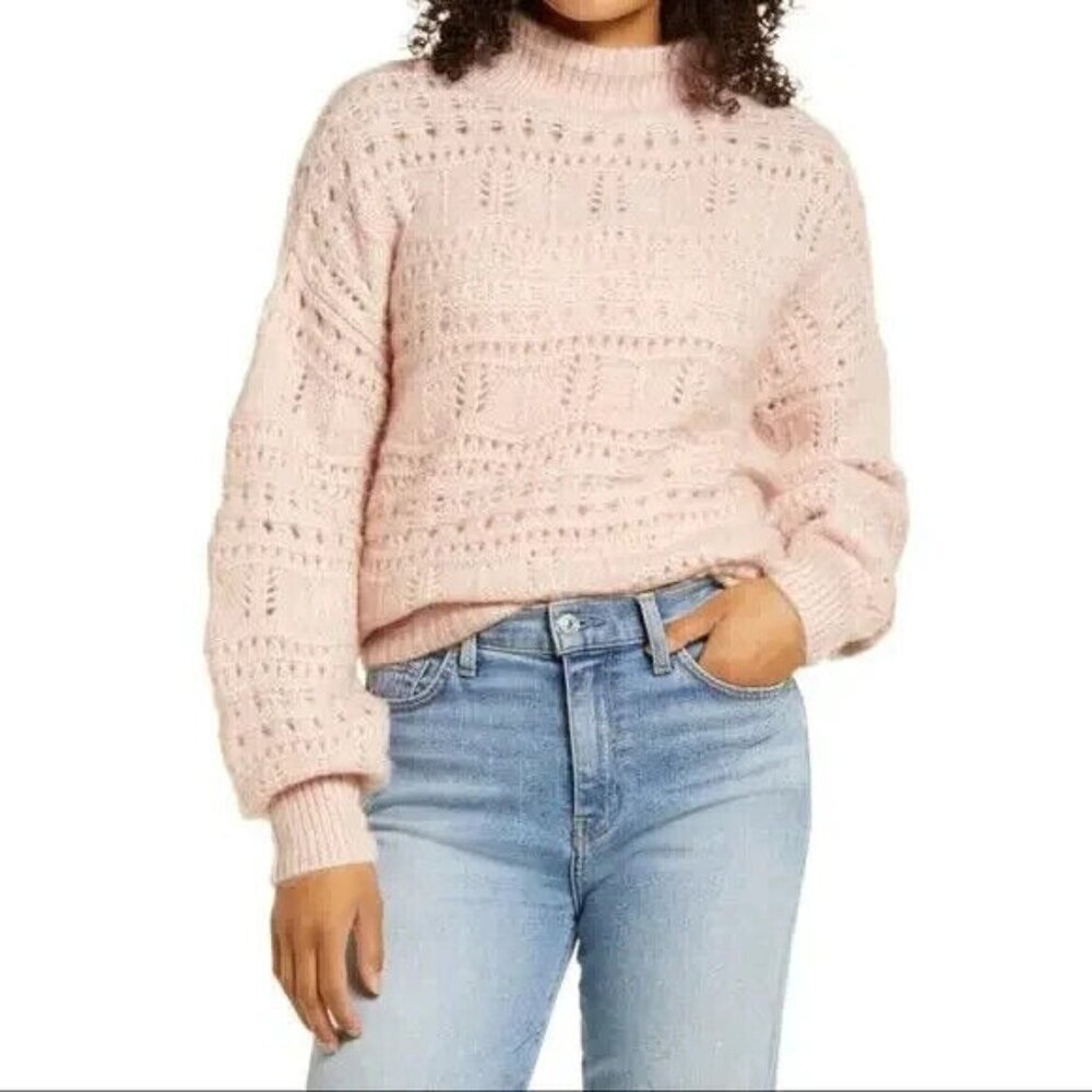 Caslon Sweater Womens Medium Pink Open Knit Mock Soft Lightweight‎ Nordstrom NEW
